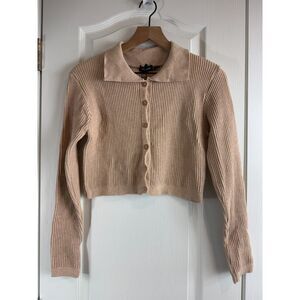 Pretty Little Thing Petite Oatmeal Knitted Rib Cropped Cardigan Women's 8 - NWT